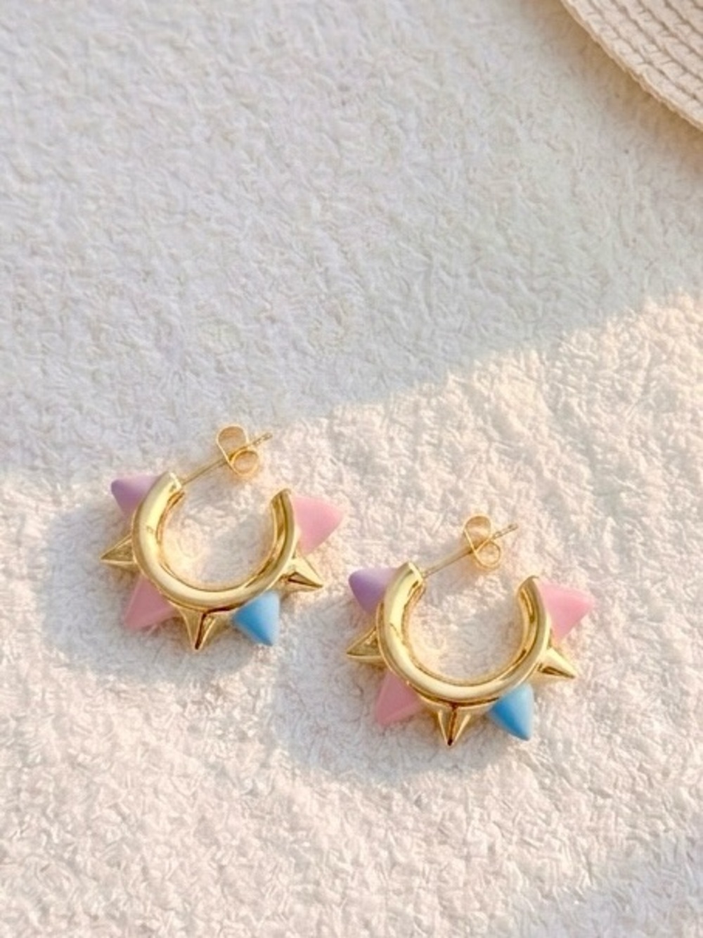 14K Gold Plated Pastel Spike C Hoop Stud Earrings Water Resistant Lightweight